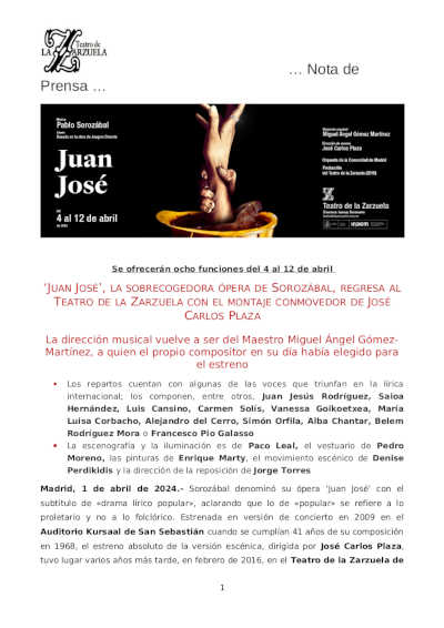 «Juan José», la sobrecogedora ópera de Sorozábal, regresa al Teatro de la Zarzuela