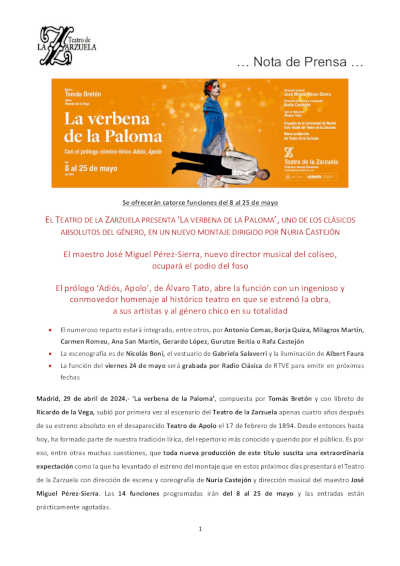 Teatro de la Zarzuela presenta «La verbena de la Paloma», uno de los clásicos absolutos del género