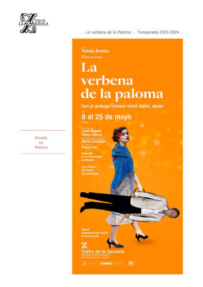 Teatro de la Zarzuela presenta «La verbena de la Paloma», uno de los clásicos absolutos del género