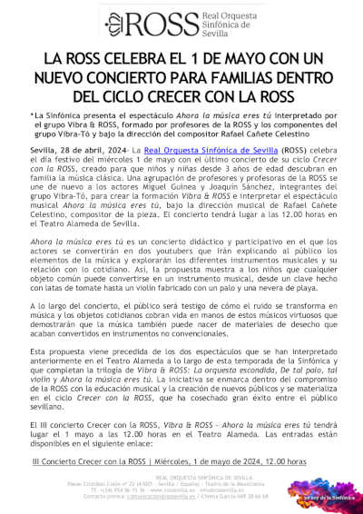 La ROSS celebra el 1 de mayo con nuevo concierto para familias dentro de «Crecer con la ROSS» La ROSS celebra el 1 de mayo con nuevo concierto para familias dentro de «Crecer con la ROSS»