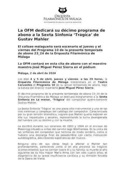 La OFM dedicará su décimo programa de abono a la Sexta Sinfonía «Trágica» de Gustav Mahler La OFM dedicará su décimo programa de abono a la Sexta Sinfonía «Trágica» de Gustav Mahler