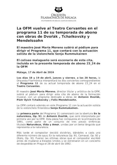 La OFM vuelve al Teatro Cervantes en el programa 11 de su temporada de abono con Dvořák , Tchaikovsky y Mendelssohn