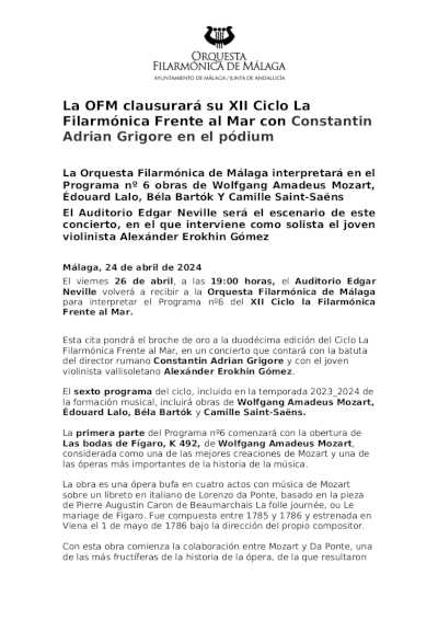 La OFM clausurará su XII Ciclo La Filarmónica Frente al Mar con Constantin Adrian Grigore en el pódium La OFM clausurará su XII Ciclo La Filarmónica Frente al Mar con Constantin Adrian Grigore en el pódium