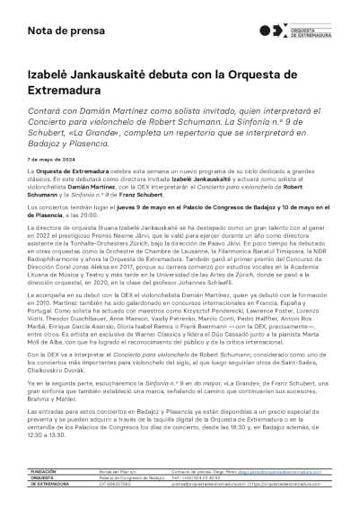 Izabelė Jankauskaitė debuta con la Orquesta de Extremadura y el violonchelista Damián Martínez Izabelė Jankauskaitė debuta con la Orquesta de Extremadura y el violonchelista Damián Martínez