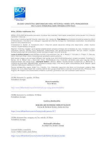 La Sinfónica de Bilbao cierra su Temporada 2023-2024 con tres grandes citas de piano