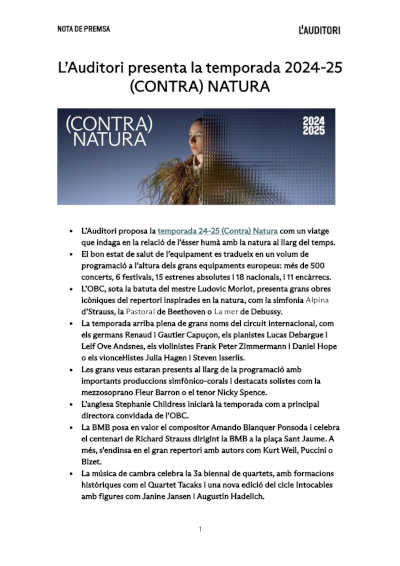 L’Auditori de Barcelona presenta (Contra) Natura, su nueva Temporada 2024 – 2025
