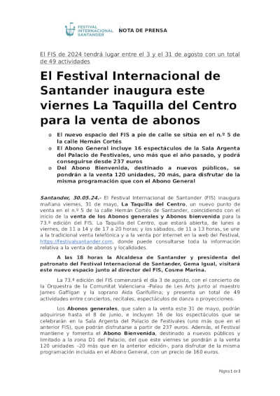 El Festival Internacional de Santander inaugura este viernes La Taquilla del Centro para la venta de abonos