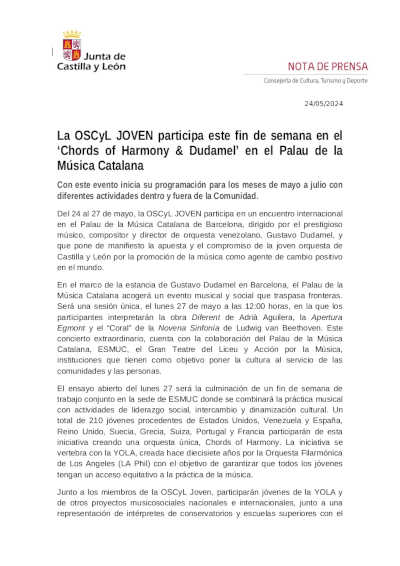 La OSCyL JOVEN participa este fin de semana en el «Chords of Harmony & Dudamel» en el Palau de la Música Catalana