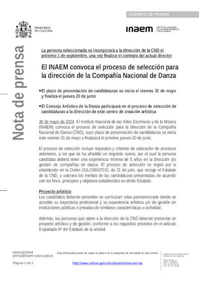 El INAEM convoca el proceso de selección para la dirección de la Compañía Nacional de Danza | Danza Ballet