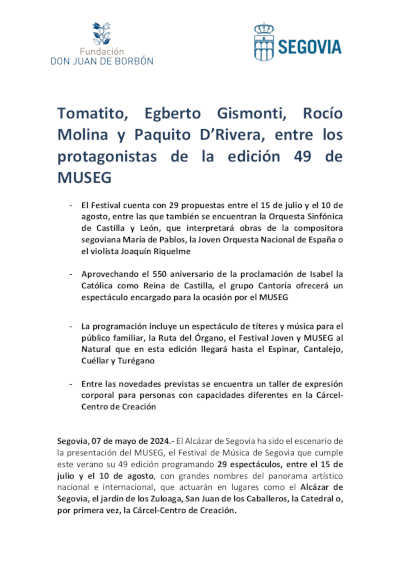 Tomatito, Egberto Gismonti, Rocío Molina y Paquito D’Rivera, entre los protagonistas de la edición 49 de MUSEG
