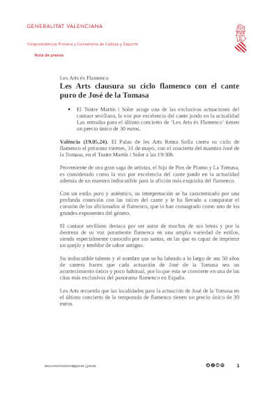 Les Arts clausura su ciclo flamenco con el cante puro de José de la Tomasa