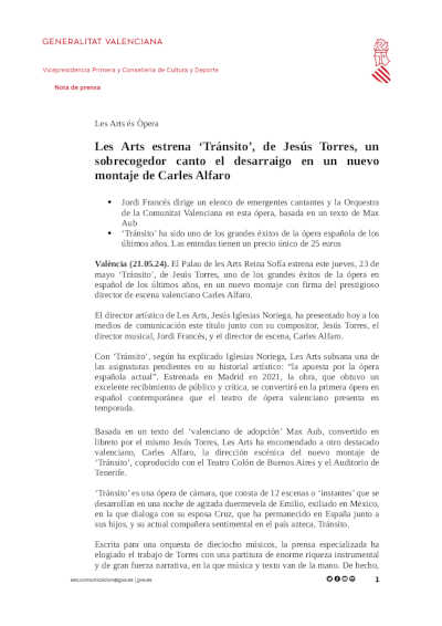 Les Arts estrena «Tránsito», de Jesús Torres, un sobrecogedor canto el desarraigo en un nuevo montaje de Carles Alfaro