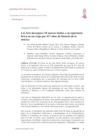 Les Arts incorpora 10 nuevos títulos a su repertorio lírico en un viaje por 417 años de historia de la música