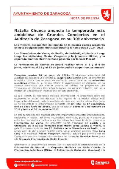 Natalia Chueca anuncia la temporada más ambiciosa de Grandes Conciertos en el Auditorio de Zaragoza en su 30º aniversario