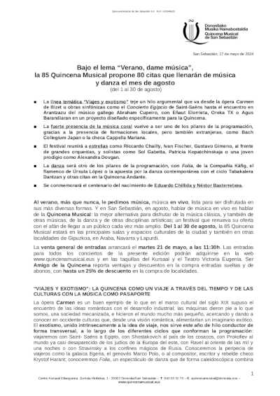 La 85º Quincena Musical propone 80 citas que llenarán de música y danza el mes de agosto