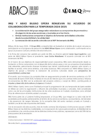 IMQ y ABAO Bilbao Opera renuevan su acuerdo de colaboracion para la Temporada 2024-2025