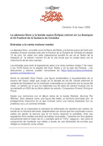 La alemana Doro y la banda sueca Eclipse cierran en La Axerquía  el 43 Festival de la Guitarra de Córdoba
