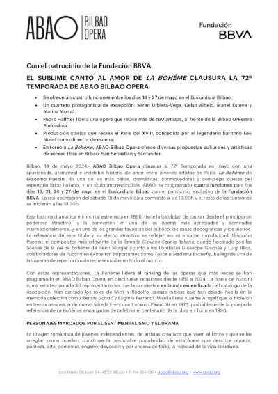 El sublime canto al amor de La Bohème, clausura la 72º Temporada de ABAO Bilbao Opera El sublime canto al amor de La Bohème, clausura la 72º Temporada de ABAO Bilbao Opera