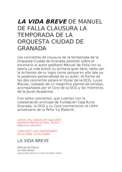 «La vida breve» de Manuel de Falla clausura la temporada de la Orquesta Ciudad de Granada «La vida breve» de Manuel de Falla clausura la temporada de la Orquesta Ciudad de Granada