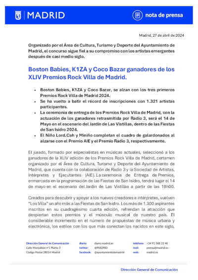 Boston Babies, K1ZA y Coco Bazar, ganadores de la XLIV edición de los Premios Rock Villa de Madrid