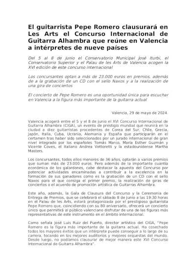 El guitarrista Pepe Romero clausurará en Les Arts el Concurso Internacional de Guitarra Alhambra El guitarrista Pepe Romero clausurará en Les Arts el Concurso Internacional de Guitarra Alhambra
