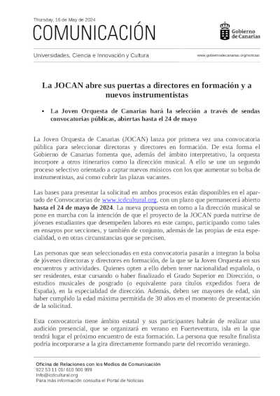 Nueva convocatoria de la JOCAN que abre sus puertas a directores en formación y a nuevos instrumentistas