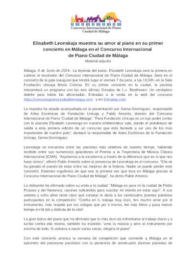 Elisabeth Leonskaja por primera vez en Málaga y en la apertura del Concurso Internacional de Piano Ciudad de Málaga