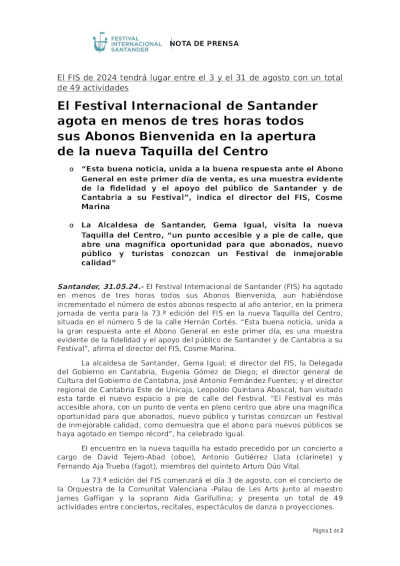 El 73º FIS agota en menos de tres horas todos sus Abonos Bienvenida en la apertura de la nueva Taquilla del Centro