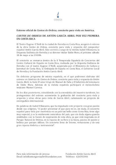 Estreno oficial de Cantos de Ordesa, de Antón García Abril, en concierto para viola