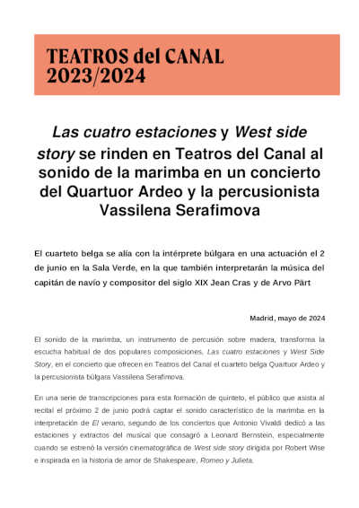 Las cuatro estaciones y West side story se rinden en Teatros del Canal al  sonido de la marimba en un concierto