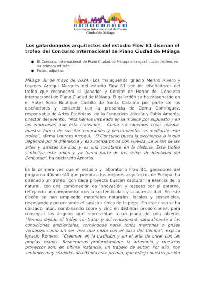 Galardonados arquitectos del estudio Flow 81 diseñan el trofeo del Concurso Internacional de Piano Ciudad de Málaga