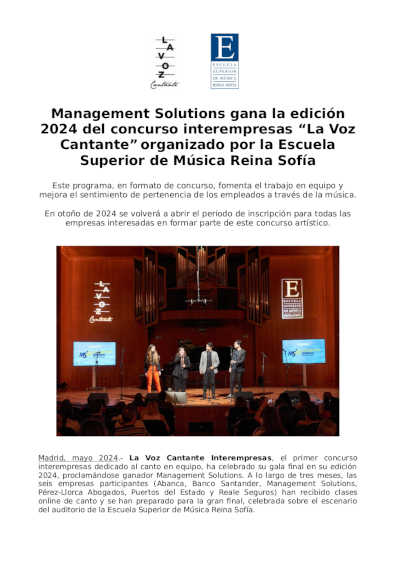 Management Solutions gana la edición 2024 del concurso interempresas “La Voz Cantante” de  la ESMRS