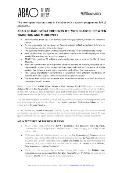 ABAO Bilbao Opera presenta su 73º Temporada 2024-2025: Entre la tradición y la modernidad