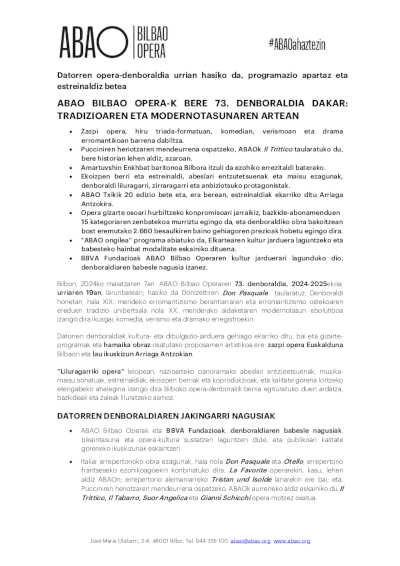 ABAO Bilbao Opera presenta su 73º Temporada 2024-2025: Entre la tradición y la modernidad
