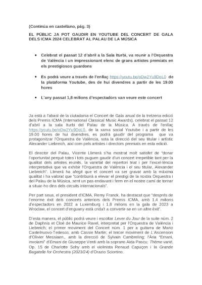 El público ya puede disfrutar del concierto de gala de los ICMA 2024 celebrado en el Palau de la Música El público ya puede disfrutar del concierto de gala de los ICMA 2024 celebrado en el Palau de la Música