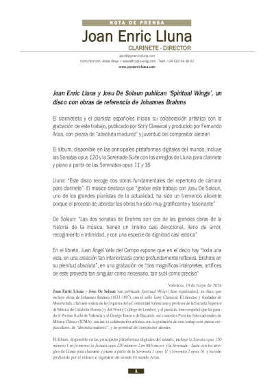 Joan Enric Lluna y Josu De Solaun publican «Spiritual Wings», un disco con obras de referencia de Johannes Brahms