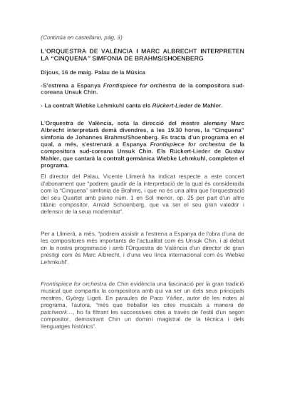 Orquesta de València y Marc Albrecht interpretan la «Quinta» Sinfonía de Brahms / Shoenberg