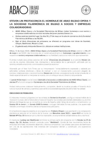 Steven Lin protagoniza el homenaje de ABAO Bilbao Opera y la Sociedad Filarmónica de Bilbao a socios y empresas Steven Lin protagoniza el homenaje de ABAO Bilbao Opera y la Sociedad Filarmónica de Bilbao a socios y empresas
