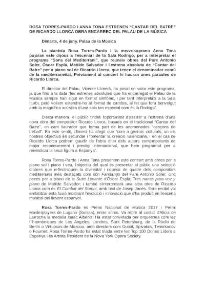 Anna Tonna y Rosa Torres-Pardo estrenan «Cantar del Batre» de Ricardo Llorca