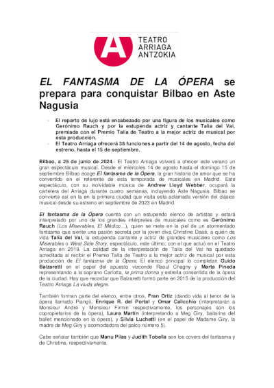 El aclamado musical «El fantasma de la ópera» será el plato fuerte del verano y de Aste Nagusia en el Teatro Arriaga