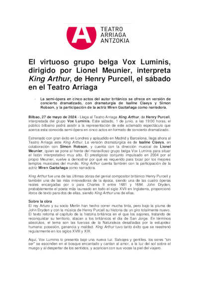 El virtuoso grupo belga Vox Luminis, dirigido por Lionel Meunier, interpreta King Arthur, de Henry Purcell