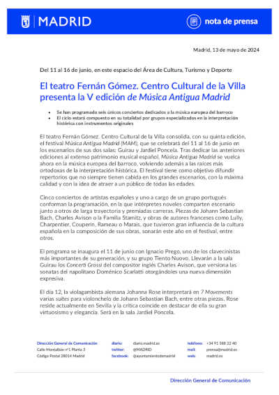 El teatro Fernán Gómez. Centro Cultural de la Villa presenta la V edición del festival Música Antigua Madrid