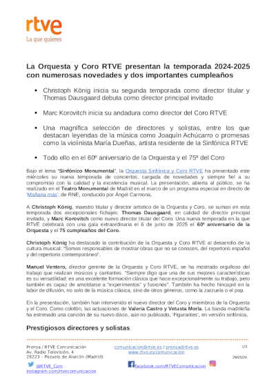 La Orquesta y Coro RTVE presentan la temporada 2024-2025 con numerosas novedades y dos importantes cumpleaños