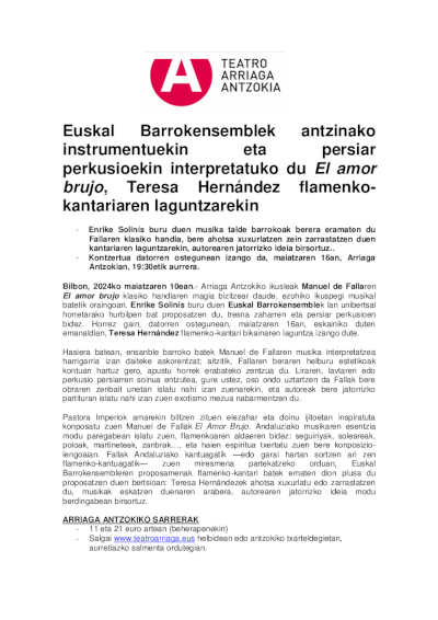 Euskal Barrokensemble interpreta El amor brujo con instrumentos antiguos y percusiones persas