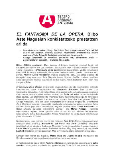 El aclamado musical «El fantasma de la ópera» será el plato fuerte del verano y de Aste Nagusia en el Teatro Arriaga
