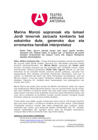 La soprano Marina Monzó y el tenor Ismael Jordi y ofrecen un concierto de Zarzuela