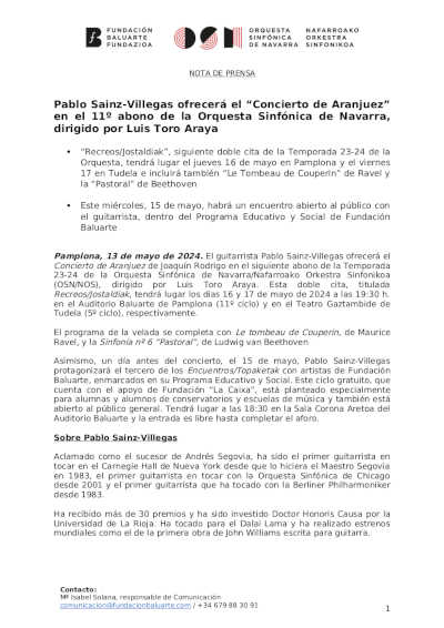 Pablo Sainz-Villegas ofrecerá el “Concierto de Aranjuez” con la Orquesta Sinfónica de Navarra Pablo Sainz-Villegas ofrecerá el “Concierto de Aranjuez” con la Orquesta Sinfónica de Navarra