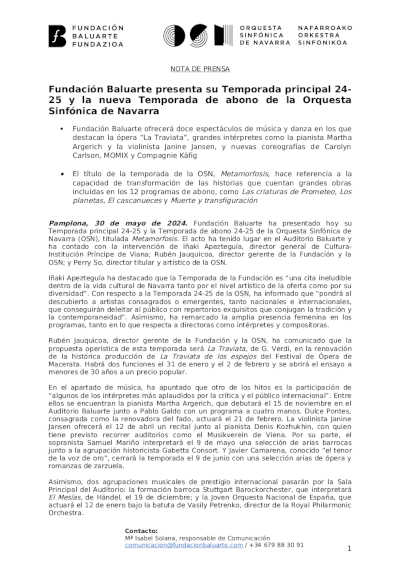 Fundación Baluarte presenta su Temporada 24-25 y la nueva de abono de la Orquesta Sinfónica de Navarra