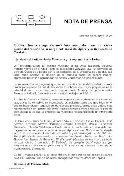 El Gran Teatro acoge «Zarzuela Viva» una gala con conocidas piezas del repertorio