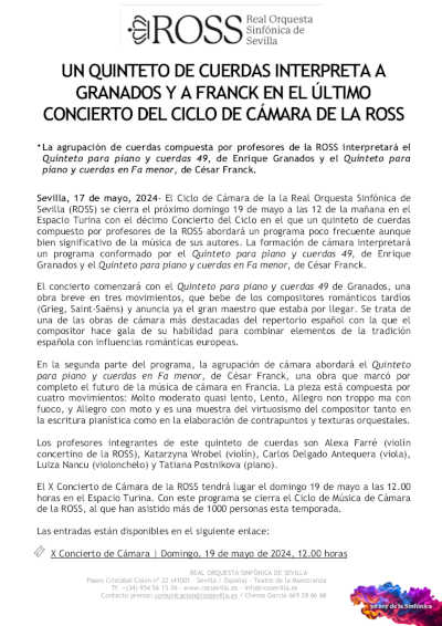 Un quinteto de cuerdas interpreta a Granados y Franck en el último concierto del Ciclo de Cámara de la ROSS
